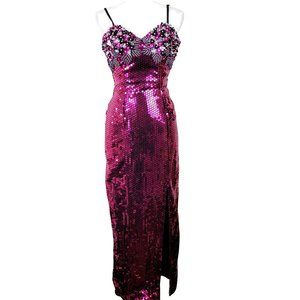 Vintage Alyce Designs Pink Formal Dress Sequins Pearls Long Slit New Year's Eve